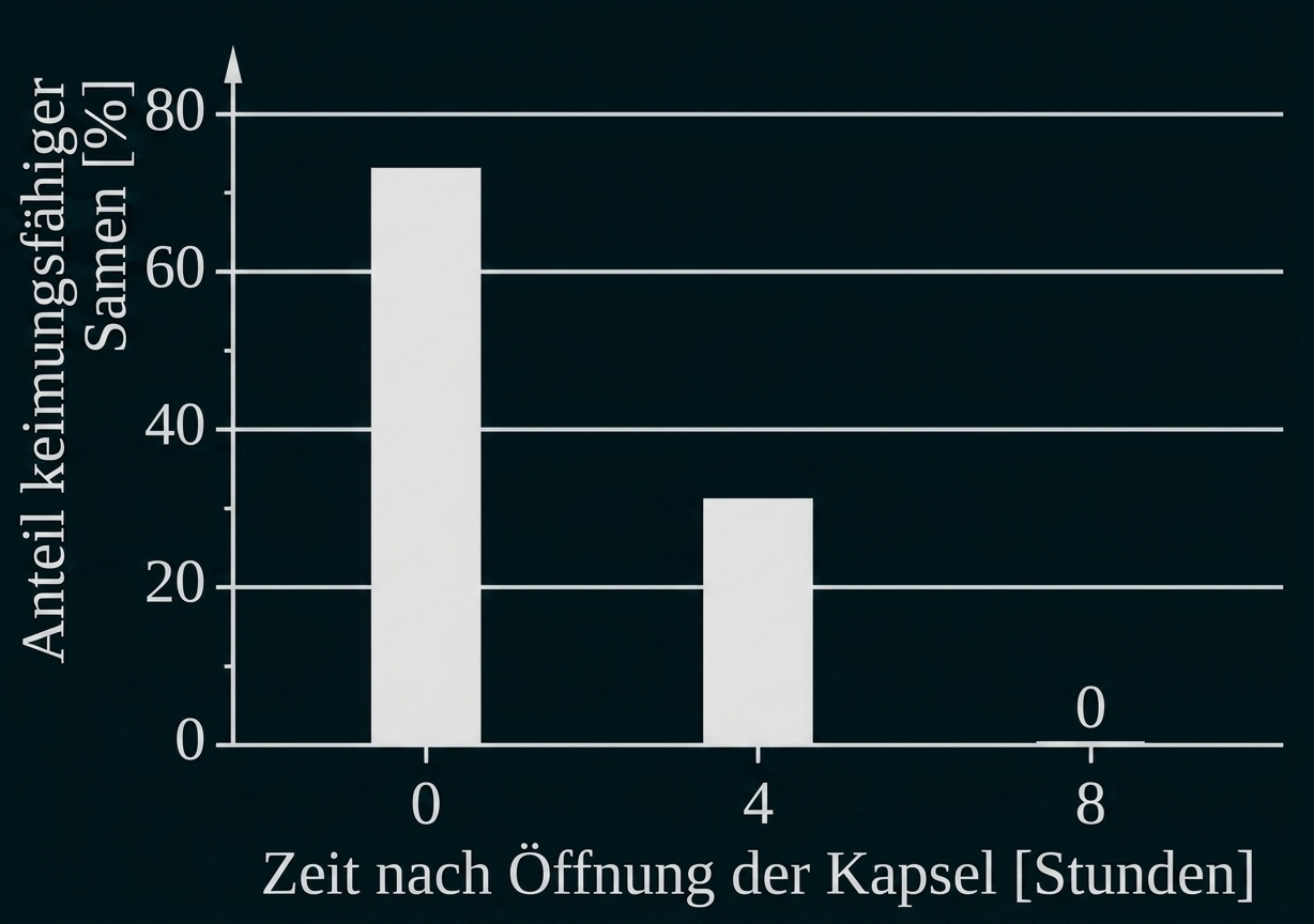 Balkendiagramm zum Keimungsanteil von Samen in Abhängigkeit von der Zeit nach Kapselöffnung.